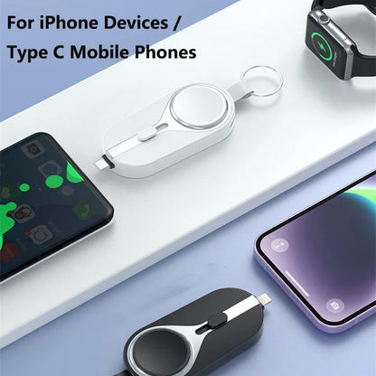 Mini Emergency Keychain Power Bank 2-in-1 Wireless Charging Watch Mobile Power Supply for Apple Watch and iPhone Xiaomi Samsung