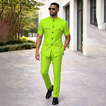 Summer Safari Men's Suits Fashion Regular Fit Short Sleeve Blazer Elegant Luxury Single Breasted 2 Piece Jacket Pants Outfits