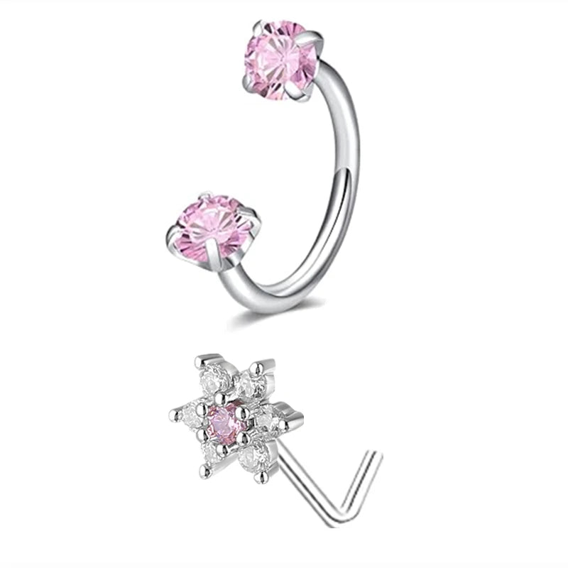 6/2pcs Horseshoe Nose Rings With L-Shape Nose Stud, Stainless Steel Rianbow CZ Nose Ring,, Lip Eyebrow Helix Ear Piercing