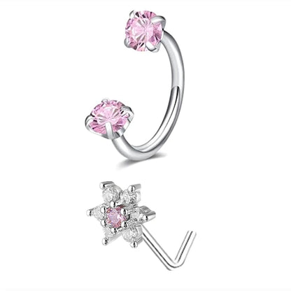 6/2pcs Horseshoe Nose Rings With L-Shape Nose Stud, Stainless Steel Rianbow CZ Nose Ring,, Lip Eyebrow Helix Ear Piercing