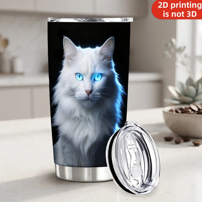 20oz Majestic White Cat Printed Stainless Steel Tumbler with Lid and Straw, Glowing Blue Eyes Fluffy Kitten Dark Portrait Pet Lovers Vacuum Insulated Travel Coffee Mug Gifts