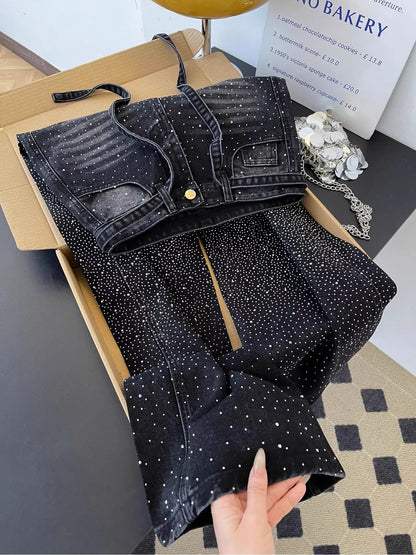 Glittering Rhinestone Denim Pants Women's Jeans New Wide Leg Design Sensation Floor-Length Pants Loose Jeans