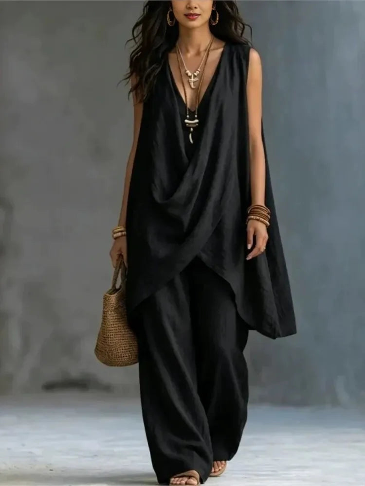 Women's Fashion Cotton Linen Irregular Sleeveless Long Tops 2-piece Set Spring Summer New Casual Wide-leg Trousers Female Suit