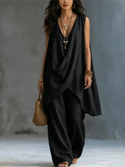 Women's Fashion Cotton Linen Irregular Sleeveless Long Tops 2-piece Set Spring Summer New Casual Wide-leg Trousers Female Suit