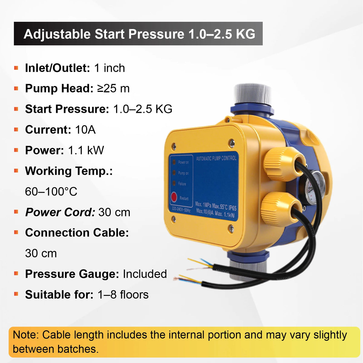 220V Automatic Water Booster Pump Controller Adjustable Pressure Water Pump Pressure Switch Dry Run Protection G1 Inch Thread