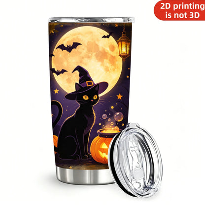 20oz Halloween Black Cat Witch Printed Stainless Steel Tumbler with Lid and Straw, Full Moon Glowing Pumpkin Cauldron Spooky Night Vacuum Insulated Travel Coffee Mug Gifts