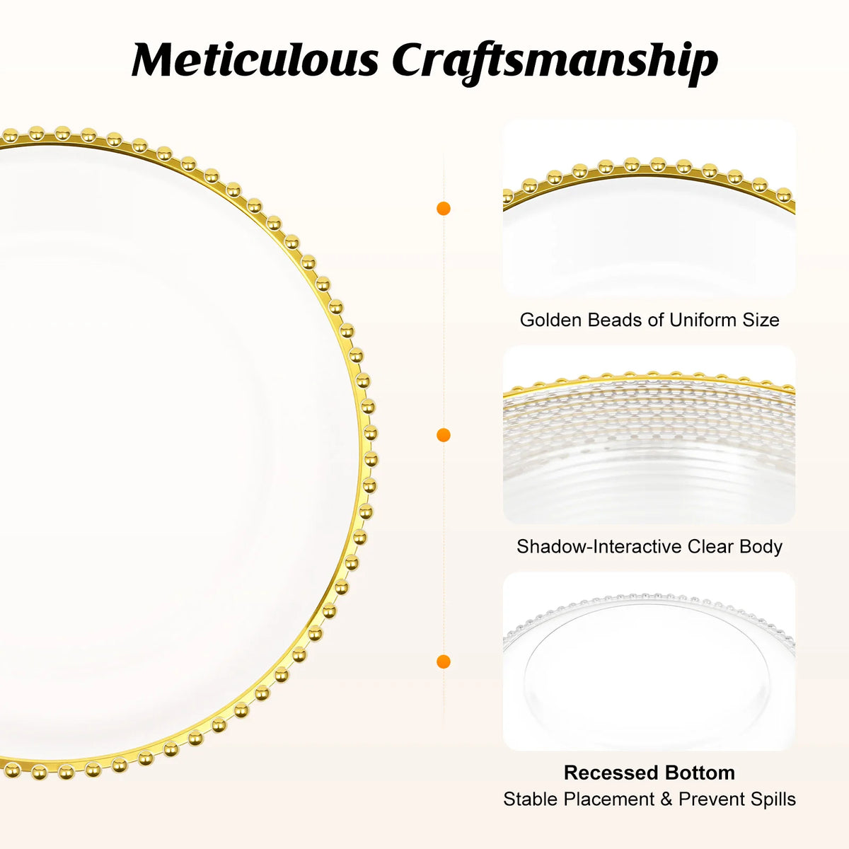 Round Clear Gold Beaded Charger Plates 25 Pack PS Plastic Dinner Under Plates 32cm Decorative Serving Plates for Wedding Banquet Party Table Decor