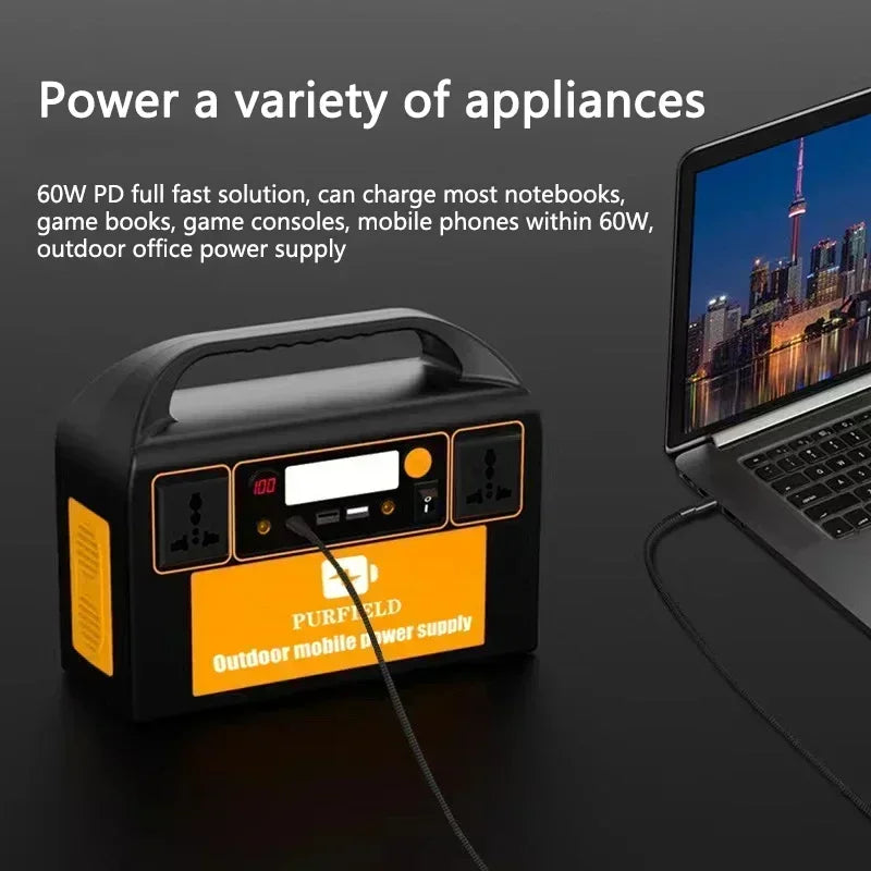 PURFIELD 220V 110V 300W Portable Power Station AC DC Outdoor 315WH Solar Generator 90000mAh/3.7V Battery Emergency Power Supply