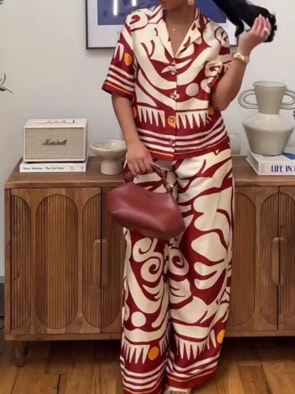 New Fashion Printed Two-piece Set Women's Short-sleeved Lapel Top High-waisted Wide-leg Pants Set Temperament Elegant Clothing