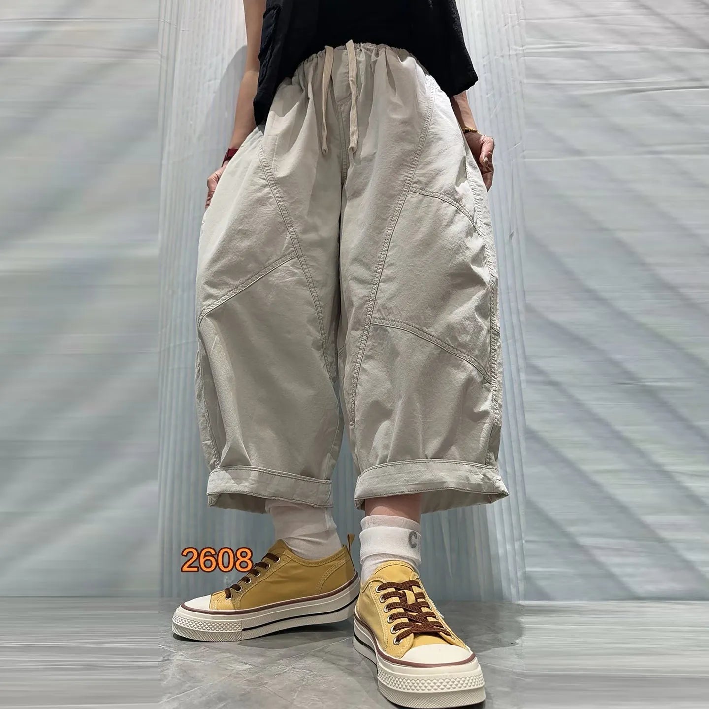 Patchwork Denim Washed Cotton Casual Pants Women Plus Size Loose Cropped Pants 2026 Spring Summer Denim Jeans JLJ522