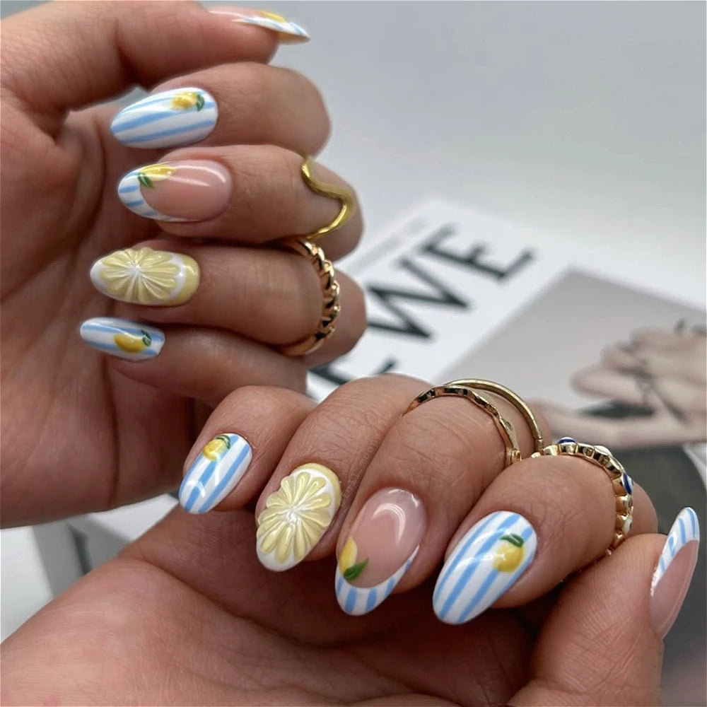 3D Lemon Blue White Striped French Nail Art Summer Chic Short Round False Nails Detachable Finished Fake Nails Press on Nails