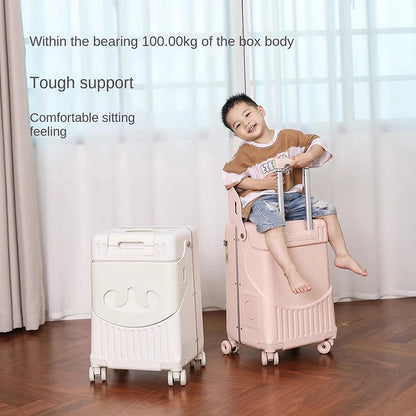 New Suitcase for Children Can Sit 20/22/24 Inch Ride on Luggage Front Opening Sturdy Thickened Travel Suitcase with Cup Holder