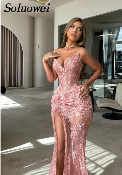 Customized Elegant Strapless Sweetheart Evening Dresses Corset Beaded Slit Luxury Mermaid Formal Prom Gown Vestidos De Noche