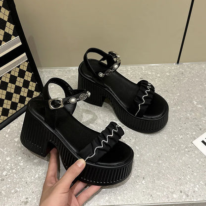 Fujin 10cm PU Synthetic Microfiber Leather Peep Toe Shoes Bling Rhinestone Platform Wedge Fashion Slippers Women Sandals Pumps