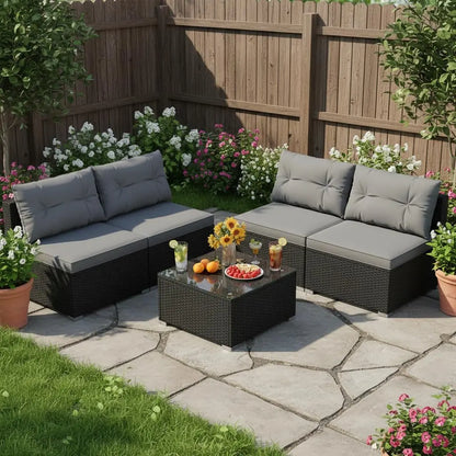 5 Piece Rattan Sofa Set, Patiojoy Outdoor Wicker Furniture Set with Seat & Back Cushions, Square Coffee Table,, Customized
