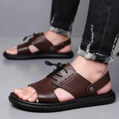 Men's Summer Fashionable Leather Sandals Comfortable Anti-slip Slip-On Male Shoes Leather Slippers for Casual Wear-2118