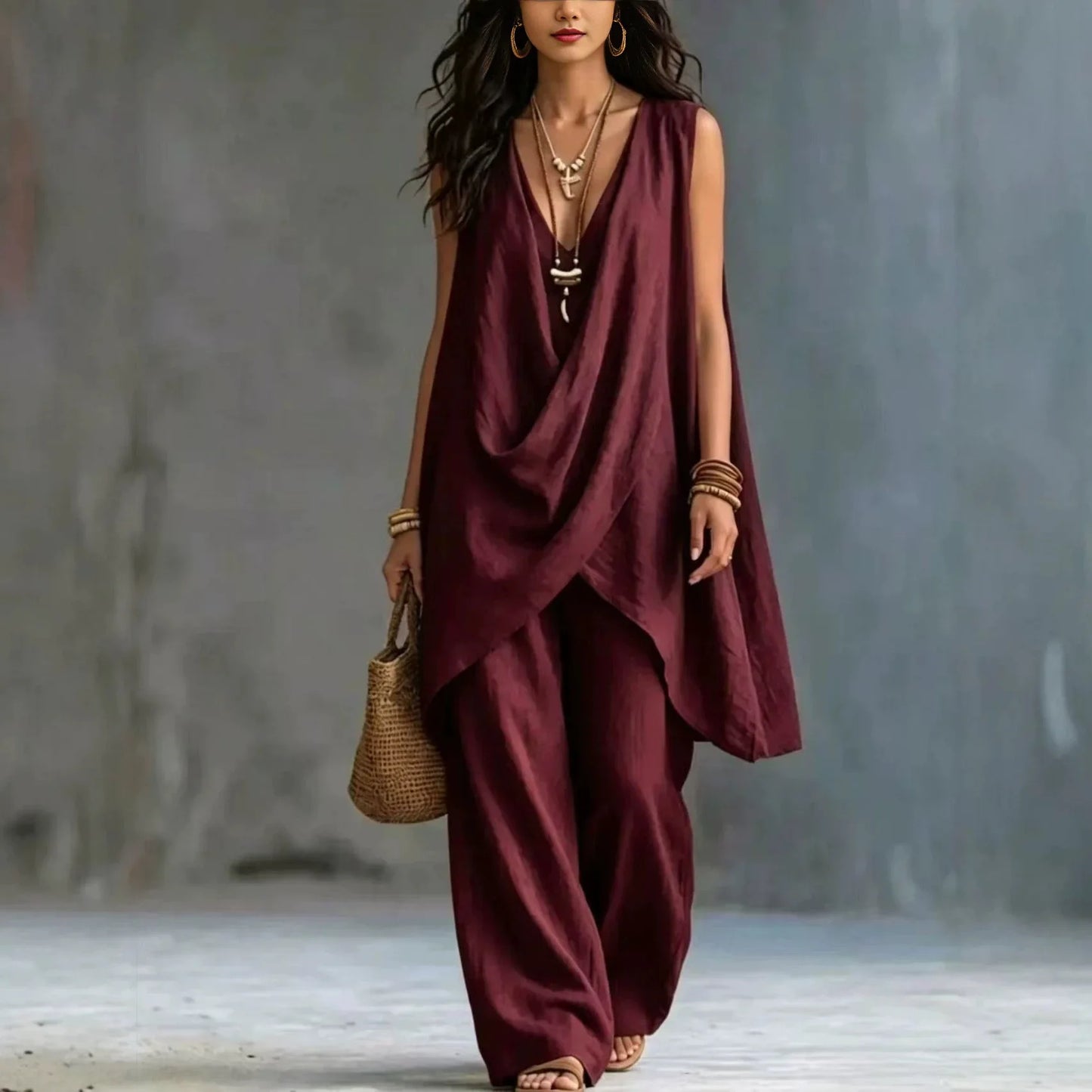 Women Holiday Blouse Pant Suits Summer Sexy V Neck Sleeveless Loose Asymmetrical Blouse Tops&Wide Leg Full Trouser Sets