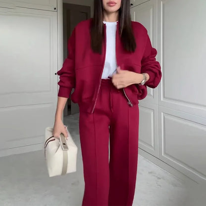 Fashion Women's Suit Zipper Trousers Round Neck Sweatshirt Wide Leg Trousers 2 Piece Set Conjuntos De Pantalón Fall Clothes 2025