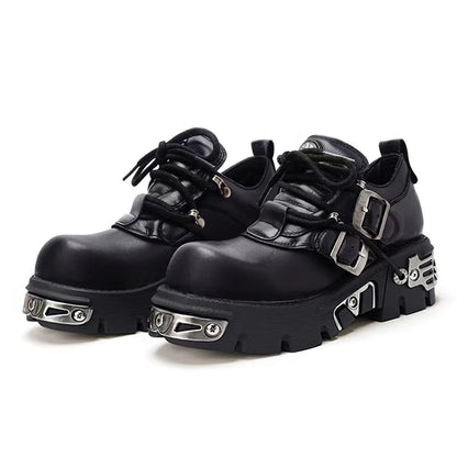 Platform Metal Punk Flats Cross Tied Buckle Single Shoes Zip Round Toe Gothic Runway Casual Women Shoes Goth Black Chunky