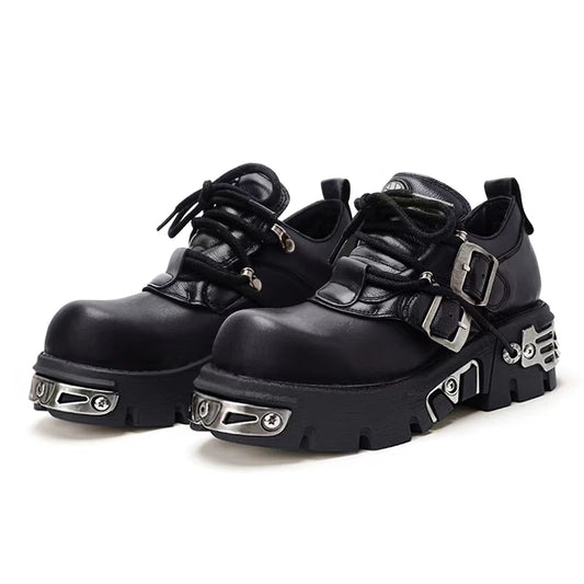 Platform Metal Punk Flats Cross Tied Buckle Single Shoes Zip Round Toe Gothic Runway Casual Women Shoes Goth Black Chunky