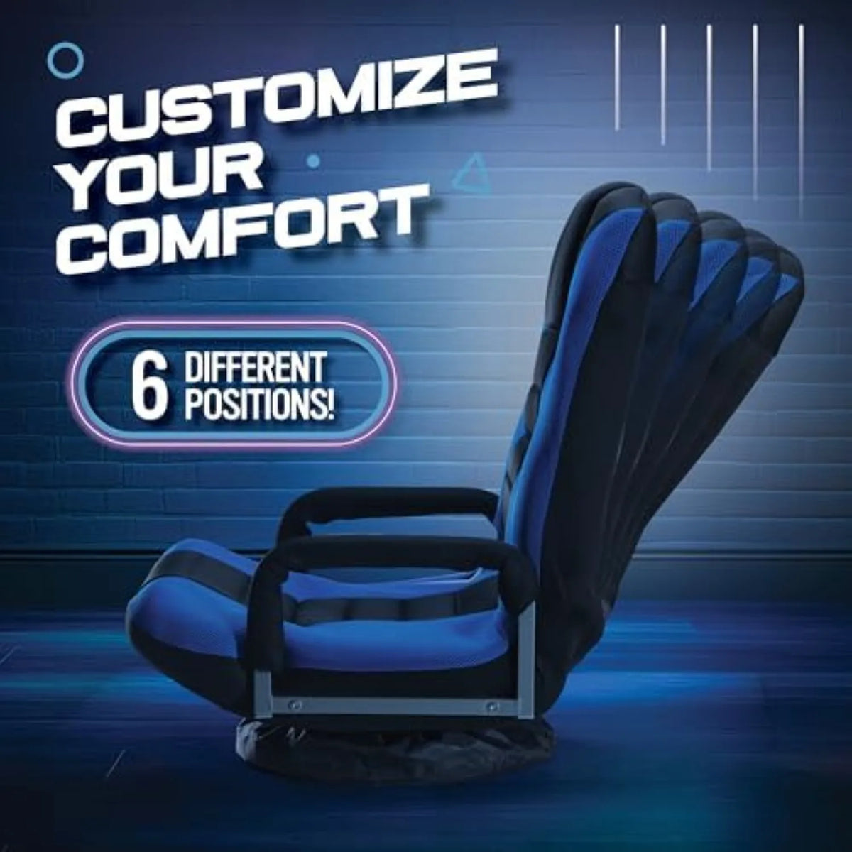 Swivel Floor Gaming Chair - Video Lounger Enjoy 6 Different Positions, Adjustable Backrest, Removable Arm Rests, Folds