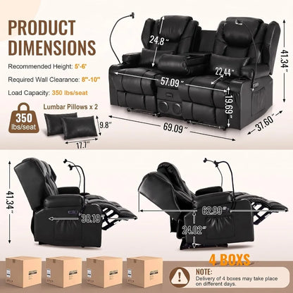 Power Recliner Loveseat for Living Room, Loveseat Sofa with Center Console, USB Type-C Port, PU Leather Chair with, Customized