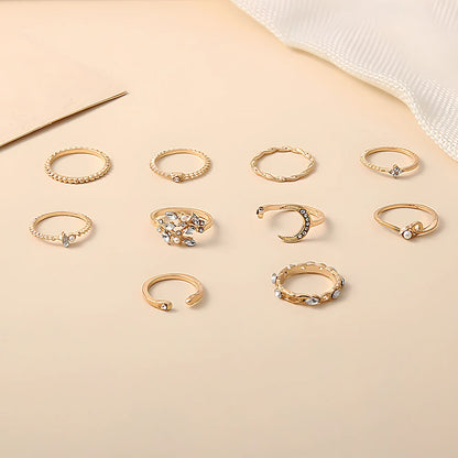 10pcs Rings Suit for Women Gold-Color Chain Ring Set Bohemian Style