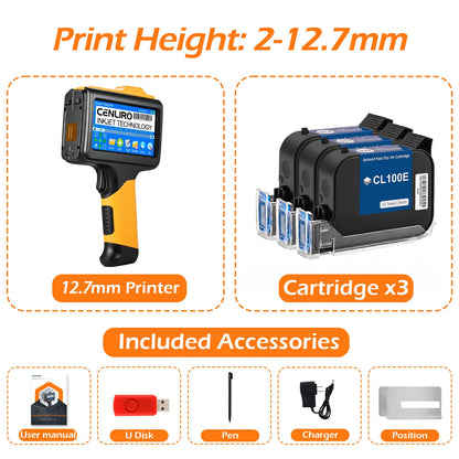 Cenliro Upgrated Handheld Inkjet Printer CL12B with Black Fast-drying Ink Cartridge for Date Batch Number Logo QR Code 600DPI