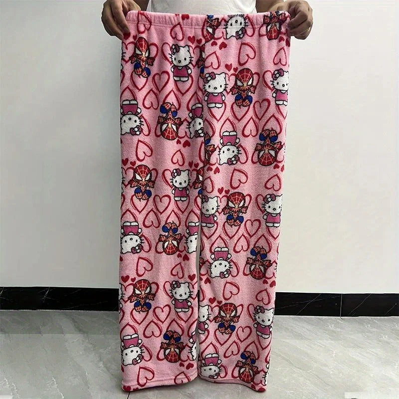 Sanrio Hello Kitty Spider-man Cotton Velvet Loose Pajamas Pajamas Long Pants Women's And Men's Cartoon Sleeping Casual Wear