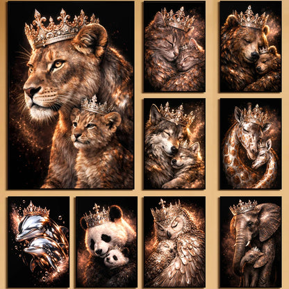 Golden Crown Animals Mother and Baby Canvas Wall Art Lion Bear Wolf Panda Giraffe Owl Cat Poster Decor Living Room Bedroom Gifts