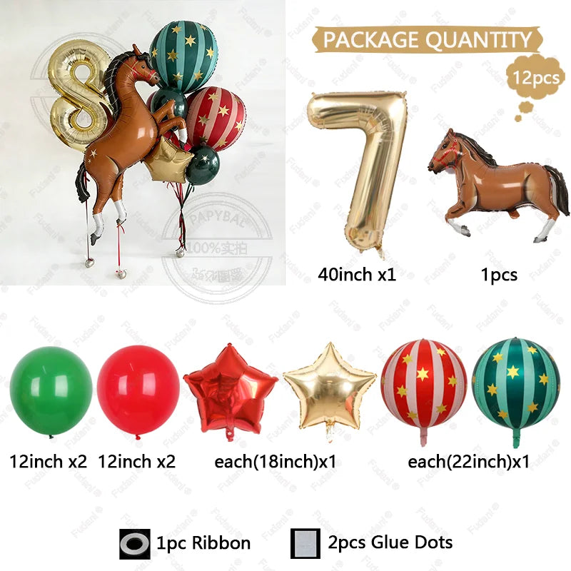 12pc Giant Race Horse Striped Star Balloons with 1-9 Cream Number Balloon for Cowboy Animal Theme Birthday Farm Party Decoration
