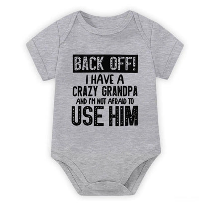 Cute Cotton Baby Bodysuit with "Back Off! I Have A Crazy Grandpa" Print Short Sleeve Baby Girl Boy Jumpsuit Kids Cotton Clothes