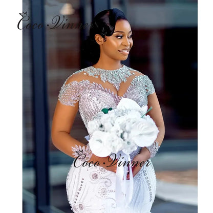 Customized Organza Ruffles Train Africa Wedding Dresses Mermaid Style High Neck Beaded 2026 Luxury Meramid Wedding Dress W1471