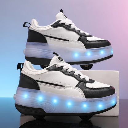 LED rechargeable flashing roller skates for boys and girls with detachable wheels, stylish skateboard shoes, durable and breathable