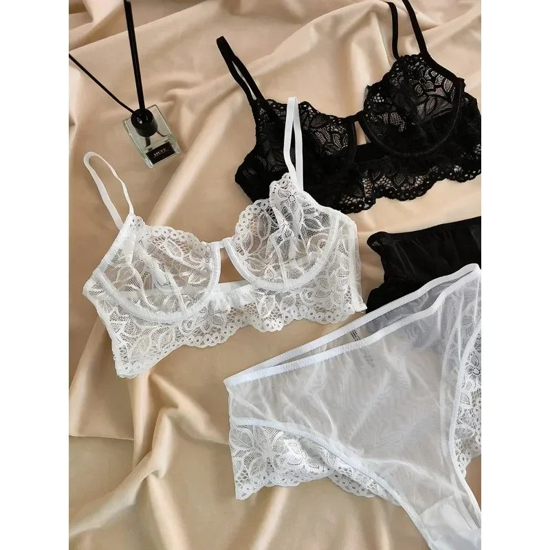 MOYISU White See-through Lace Big Breasts Small Bra Underwear Ultra Thin Set Sexy Pure Desire Underwear Underwear Underwear Set
