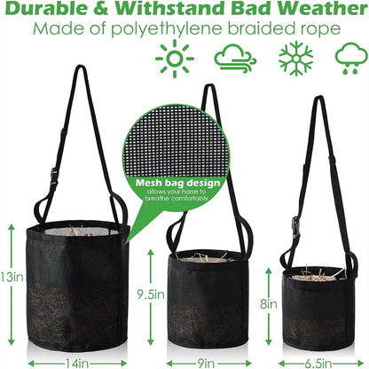 Horse hay feeding bag with adjustable neck, portable outdoor pet animal feed bag, easy to carry, suitable for horses, cattle, sheep, mules, and donkeys