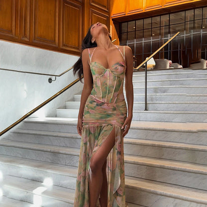 hirigin Women Sleeveless Corset Dress Y2K Floral Print Ruched Split Party Long Dress for Vacation Cocktail Beach Streetwear