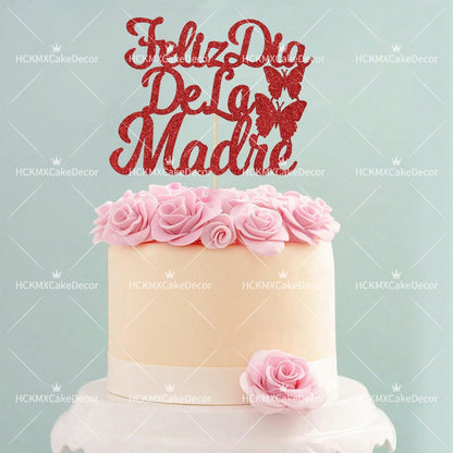 3pcs Feliz Cumpleanos Mama Cake Topper Pink Glitter Spanish Birthday Cake Decoration with Butterflies