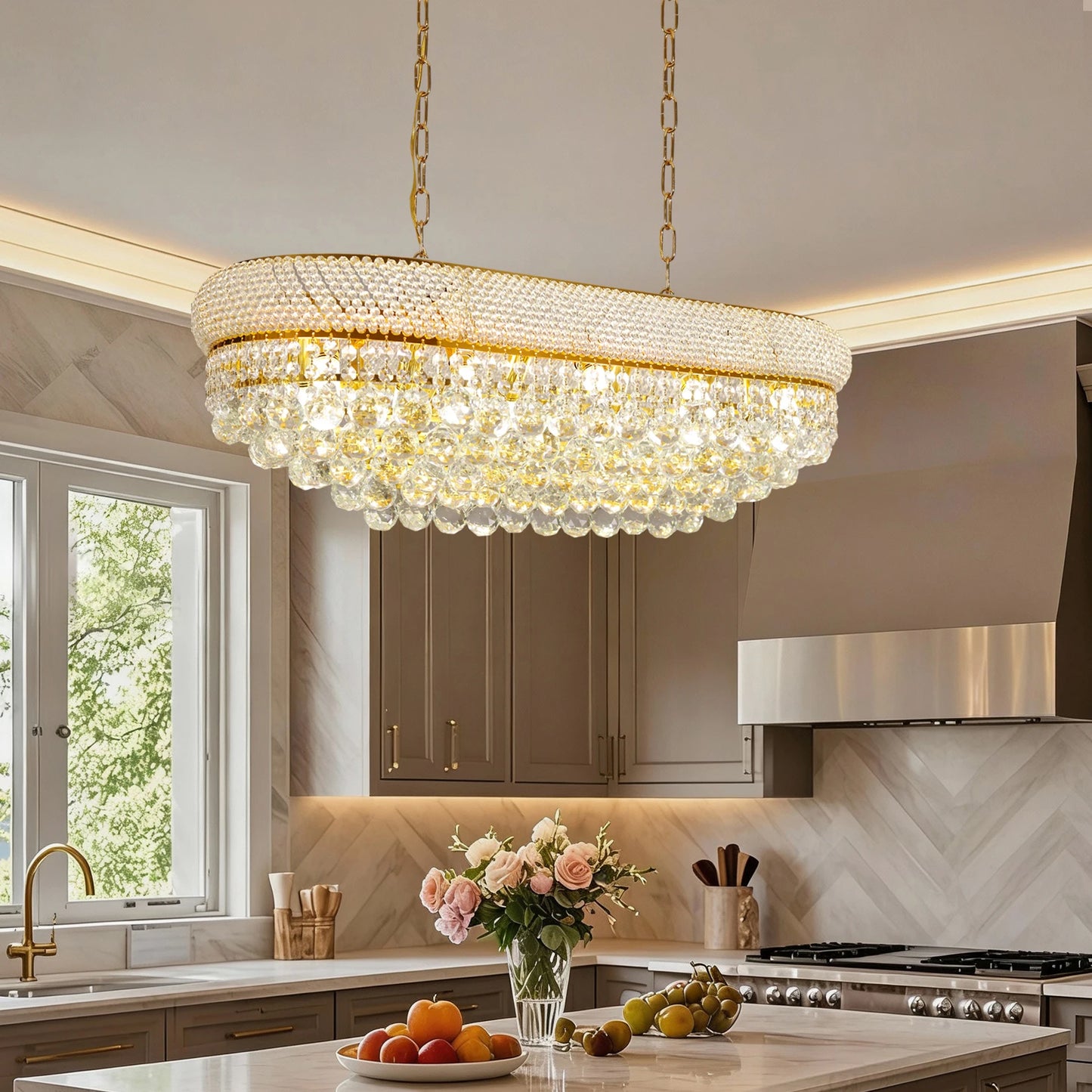 Luxury Ceiling Light: Empire Gold Ceiling Light Fixtures 10 Lights Rectangular Crystals Chandelier Over Long Dining Table, for Kitchen Islands, 3 Colors Temperature