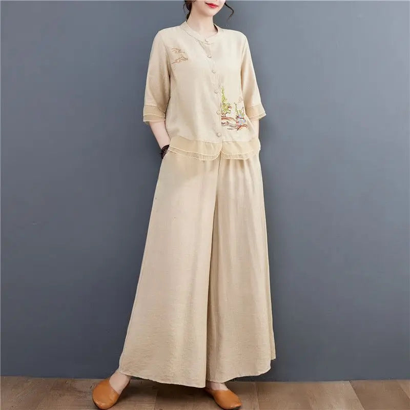 Spring Summer Women Leisure Pants 2PCS Middle Aged Mother Cotton Linen Suit 2026 Female Embroidery Two-piece Set Large Size 5XL
