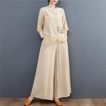 Spring Summer Women Leisure Pants 2PCS Middle Aged Mother Cotton Linen Suit 2026 Female Embroidery Two-piece Set Large Size 5XL