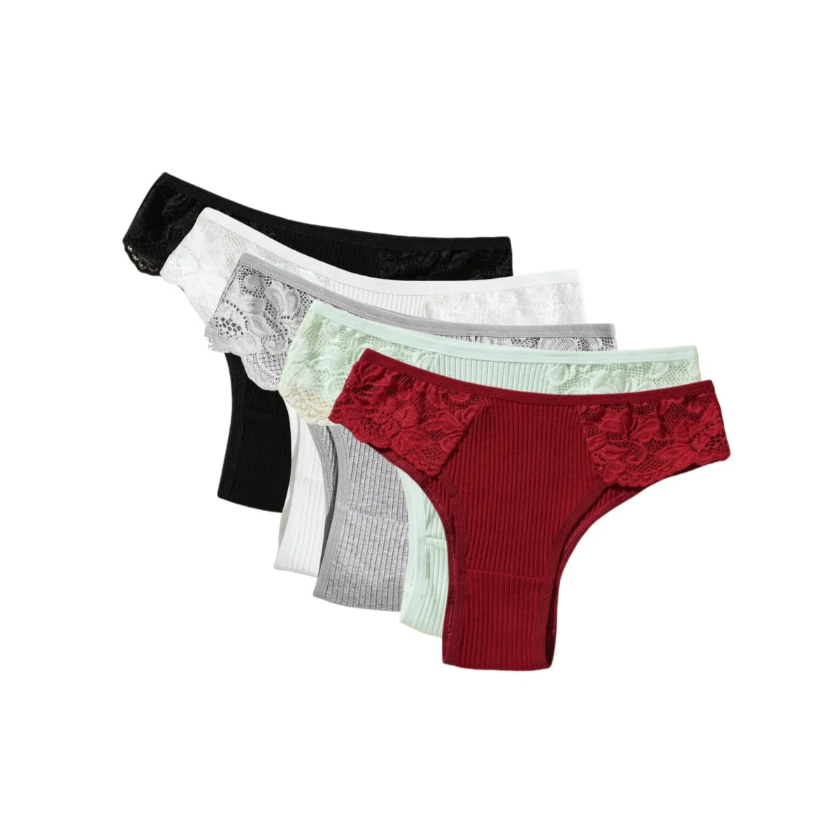 5Pcs/Set Women Cotton Panties Floral Lace Side Panel Low Rise Rib Briefs Low Cut Underwear Comfort Sexy Lingerie Daily Bikini