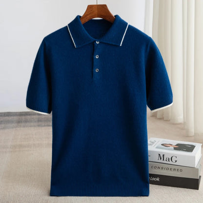 100% Merino Wool Men's Lapel Short Sleeved Sweater T-Shirt New Knitted Casual Business Men's Pullover Sweater Wool T-Shirt Summe