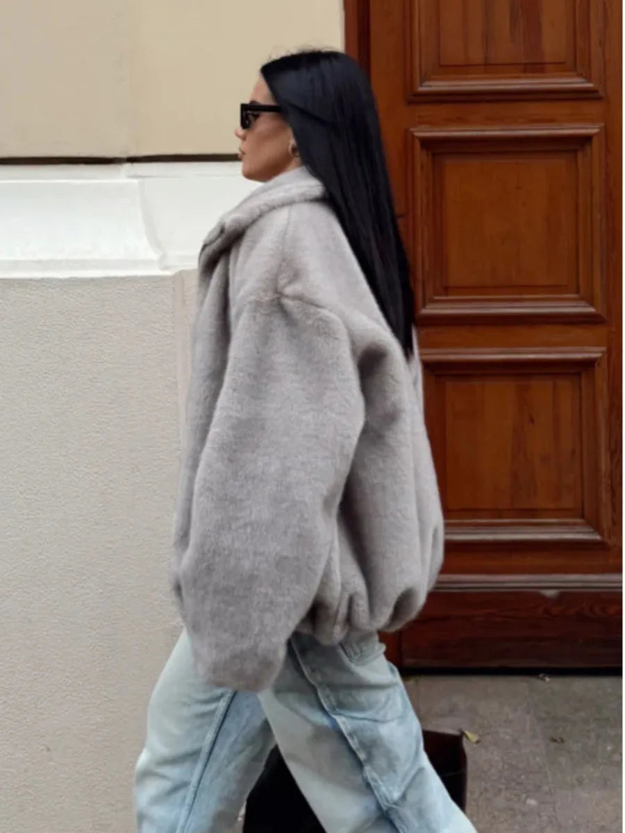 TOKO 2026 New Women High Collar Zip Up Faux Fur Cropped Jacket Drop Shoulder Wide Long Sleeve Gray Silky Plush Loose Fit Coat