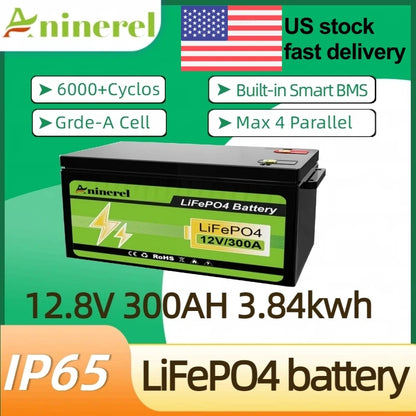 Aninerel 12V 300Ah LiFePO4 Solar Battery 3.84KWh Lithium Battery Pack IP65 waterproof rating Grade A Cells 6000+ Cycle For Home energy storage 12.8V-300AH