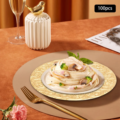 100-Pack Gold Charger Plates – Pp – 13" Embossed Rim – Spray Painted – Stackable – Elegant Wedding Banquet Party Table Decor
