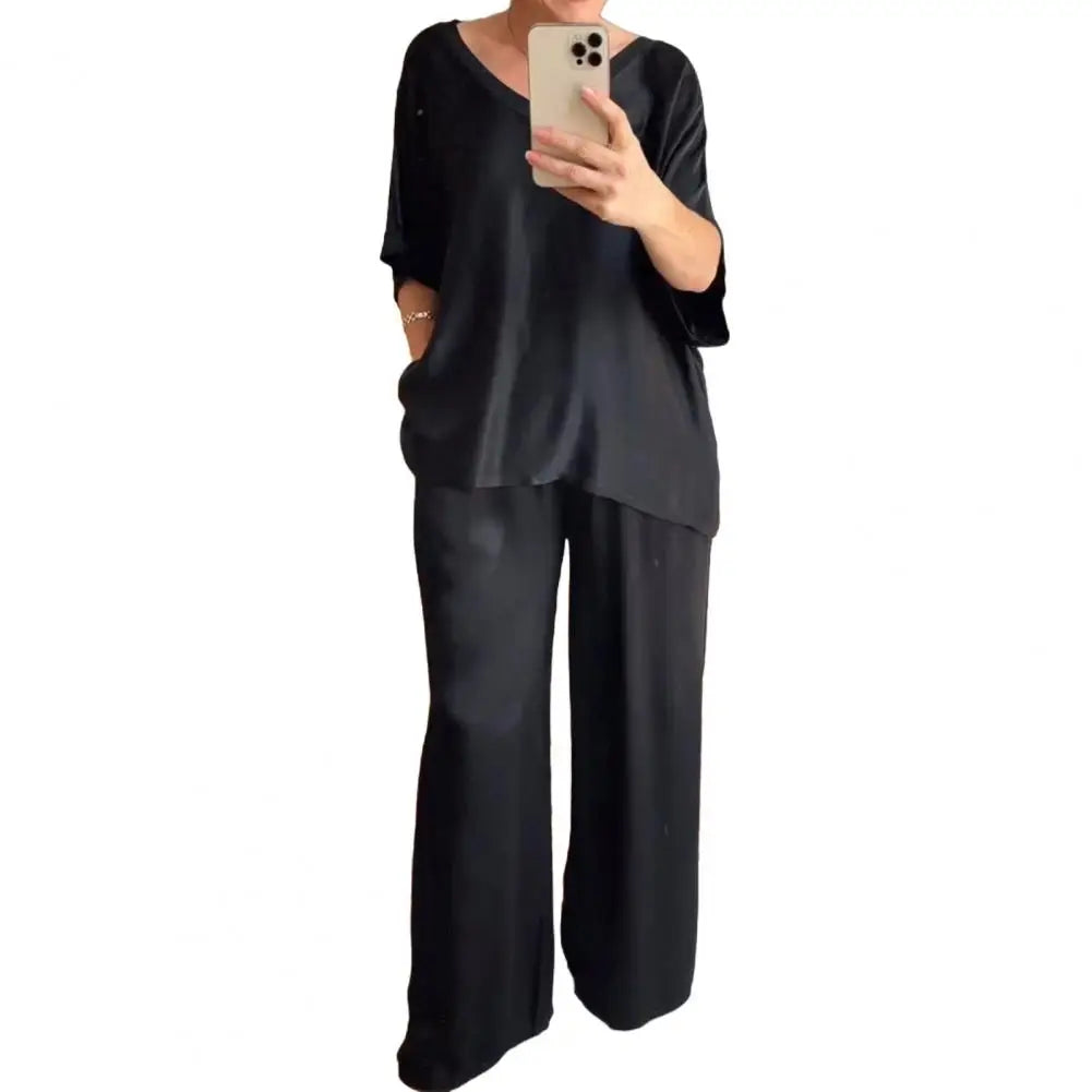 Summer Short-sleeved T-shirt Two-piece Set For Women V-neck Top Pullover Wide-leg Pants Suit For Women Spring Loose Satin Suit