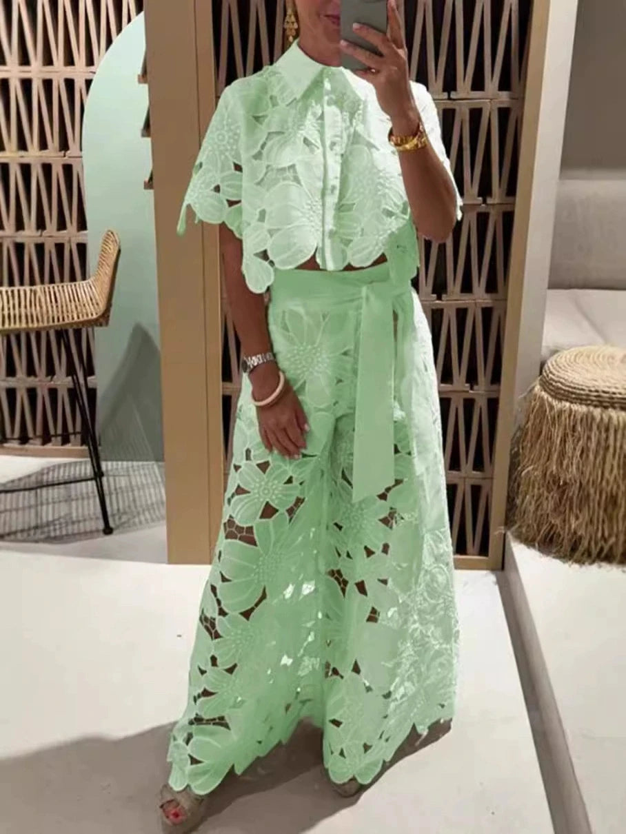 Women Set Short Sleeved Blouse Tops + Tie-up Pants Two Peics set Lace Outfit Embroidery 2025 New Retro Hollow Temperament Suit