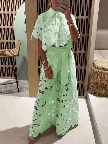 Women Set Short Sleeved Blouse Tops + Tie-up Pants Two Peics set Lace Outfit Embroidery 2025 New Retro Hollow Temperament Suit