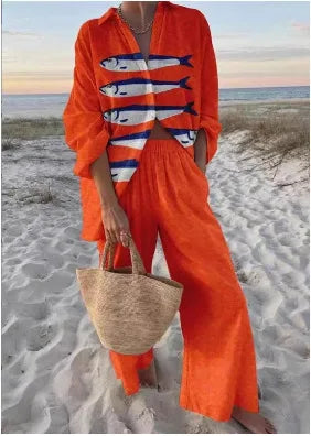 Summer Casual Shirts Two Piece Outfits 2 Pieces Set For Woman New In Matching Sets Blouse For Woman Temperament Vacation Printed